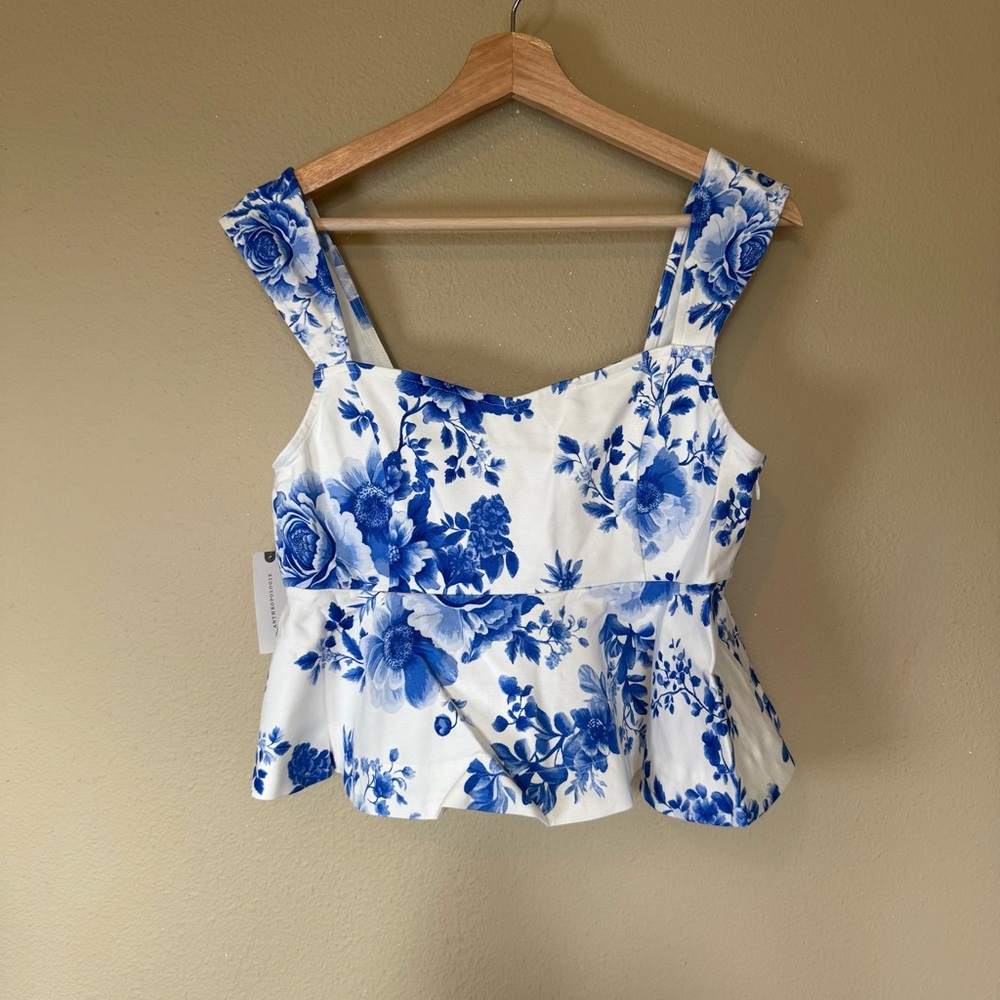NWT Maeve Blue White Floral Square Neck Peplum Top Medium - Picture 2 of 8